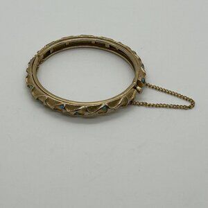 Vintage Gold-Toned Bracelet Hinged Textured Turquoise-Color Stones Safety Chain